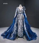 Royal Navy Blue Long Sleeves Detachable Train Luxury Sequin Evening Ball Gown - FashionByTeresa